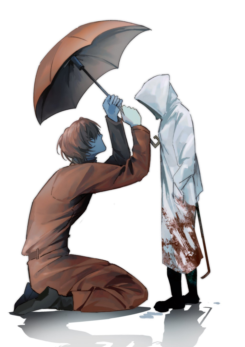 1boy, 1girl, arms_up, black_footwear, blood, blood_on_clothes, boots, coat