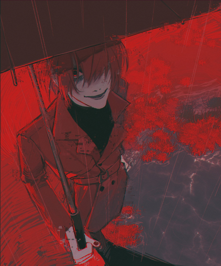1boy, absurdres, belt, black_undershirt, blood, blood_on_ground, buttons, coat, double-breasted, from_above, highres, holding, holding_umbrella, homicipher, lapels, looking_at_viewer, looking_up, male_focus, mr_scarletella, notched_lapels, parted_lips, puddle, rain, red_belt, red_coat, red_eyes, red_theme, redhead, smile, solo, umbrella, yuno_win