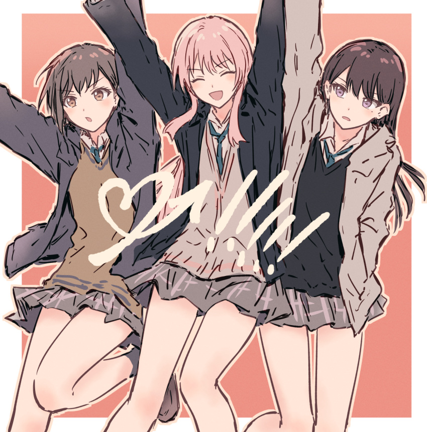 3girls, ^_^, arms_up, bang_dream!, bang_dream!_it's_mygo!!!!!, black_jacket, black_sweater, blue_necktie, blush, border, brown_footwear, brown_hair, brown_outline, brown_sweater, bullfalk, cardigan, chihaya_anon, closed_eyes, collared_shirt, gradient_background, grey_cardigan, grey_hair, grey_jacket, grey_skirt, hand_in_pocket, highres, jacket, long_hair, mole, mole_under_eye, multiple_girls, necktie, open_clothes, open_jacket, open_mouth, outline, outside_border, plaid_clothes, plaid_skirt, pleated_skirt, school_uniform, shiina_taki, shirt, short_hair, skirt, sweater, takamatsu_tomori, violet_eyes, white_border, white_shirt
