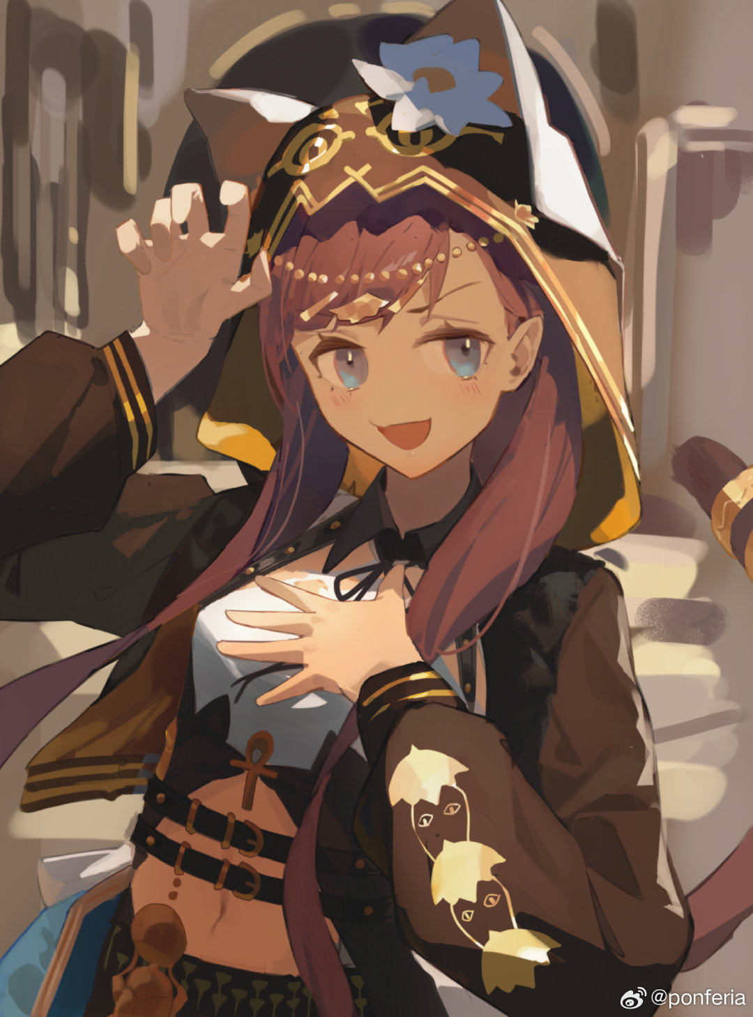 1girl, :d, animal_ear_hood, arknights, black_jacket, blue_eyes, brown_background, brown_hair, brown_tail, claw_pose, ears_under_headwear, hand_on_own_chest, hand_up, hands_up, head_chain, highres, hood, hood_up, hooded_jacket, jacket, jewelry, long_hair, long_sleeves, looking_at_viewer, midriff, navel, pepe_(arknights), ponferia, puffy_long_sleeves, puffy_sleeves, shirt, smile, solo, tail, tail_ornament, upper_body, weibo_logo, weibo_watermark, white_shirt