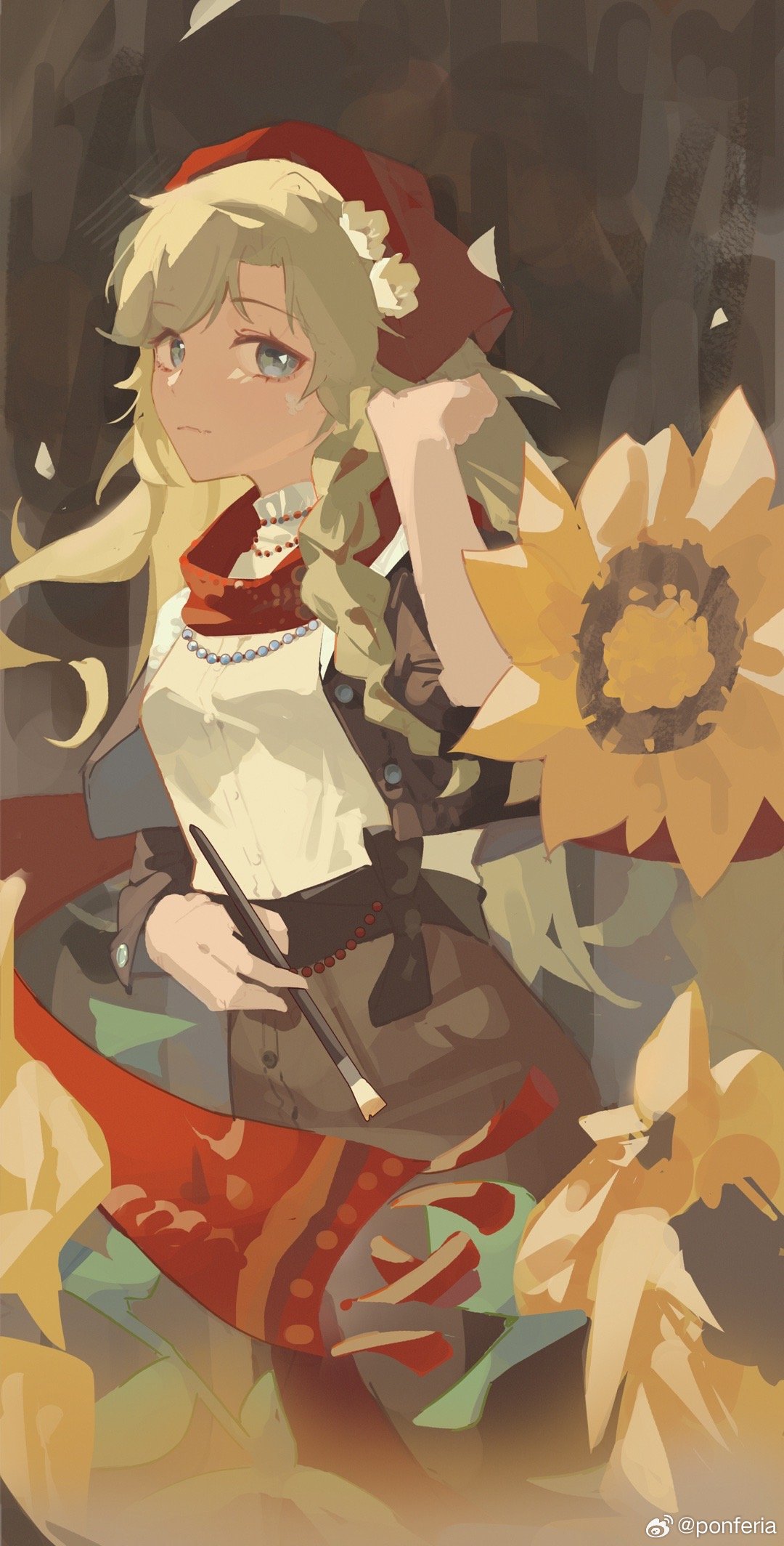 1girl, adjusting_hair, blonde_hair, blue_eyes, brown_background, brown_dress, brown_jacket, cowboy_shot, dress, fang, flower, hand_up, headscarf, highres, holding, holding_brush, jacket, long_hair, looking_at_viewer, paintbrush, ponferia, red_scarf, reverse:1999, scarf, shirt, skin_fang, solo, sunflower, vila_(reverse:1999), weibo_logo, weibo_watermark, white_shirt, yellow_flower