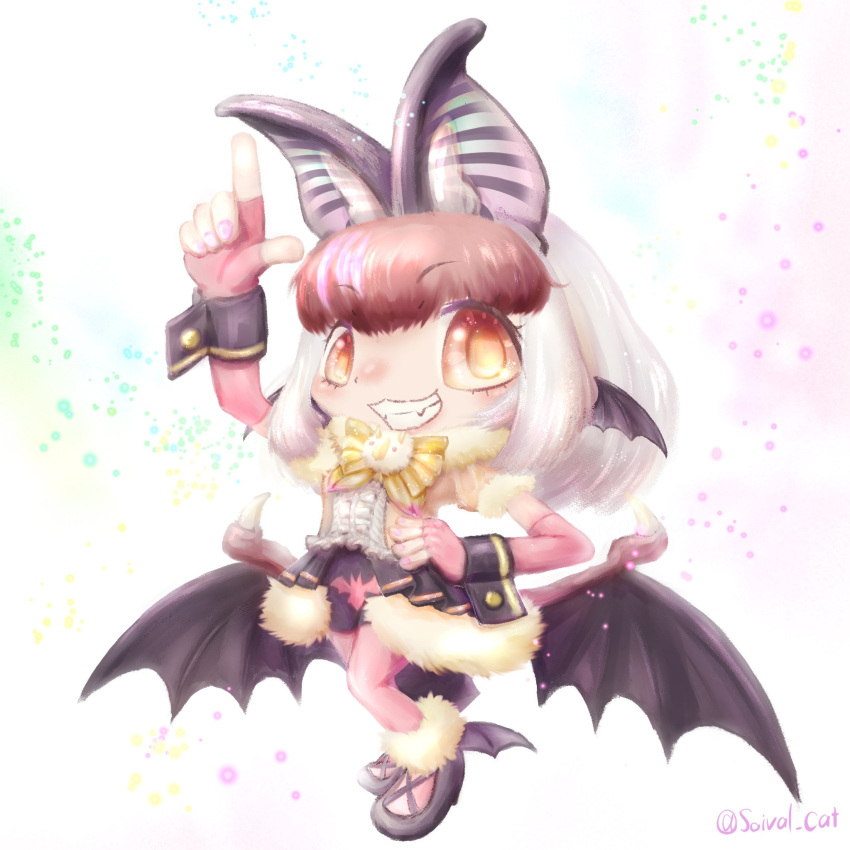1girl, animal_ears, bat_ears, bat_girl, bat_wings, brown_eyes, brown_hair, brown_long-eared_bat_(kemono_friends), elbow_gloves, extra_ears, fingerless_gloves, full_body, gloves, grey_hair, highres, jacket, kemono_friends, kemono_friends_v_project, long_hair, looking_at_viewer, microphone, multicolored_hair, pantyhose, saival_cat, shoes, shorts, simple_background, skirt, solo, streaked_hair, virtual_youtuber, wings