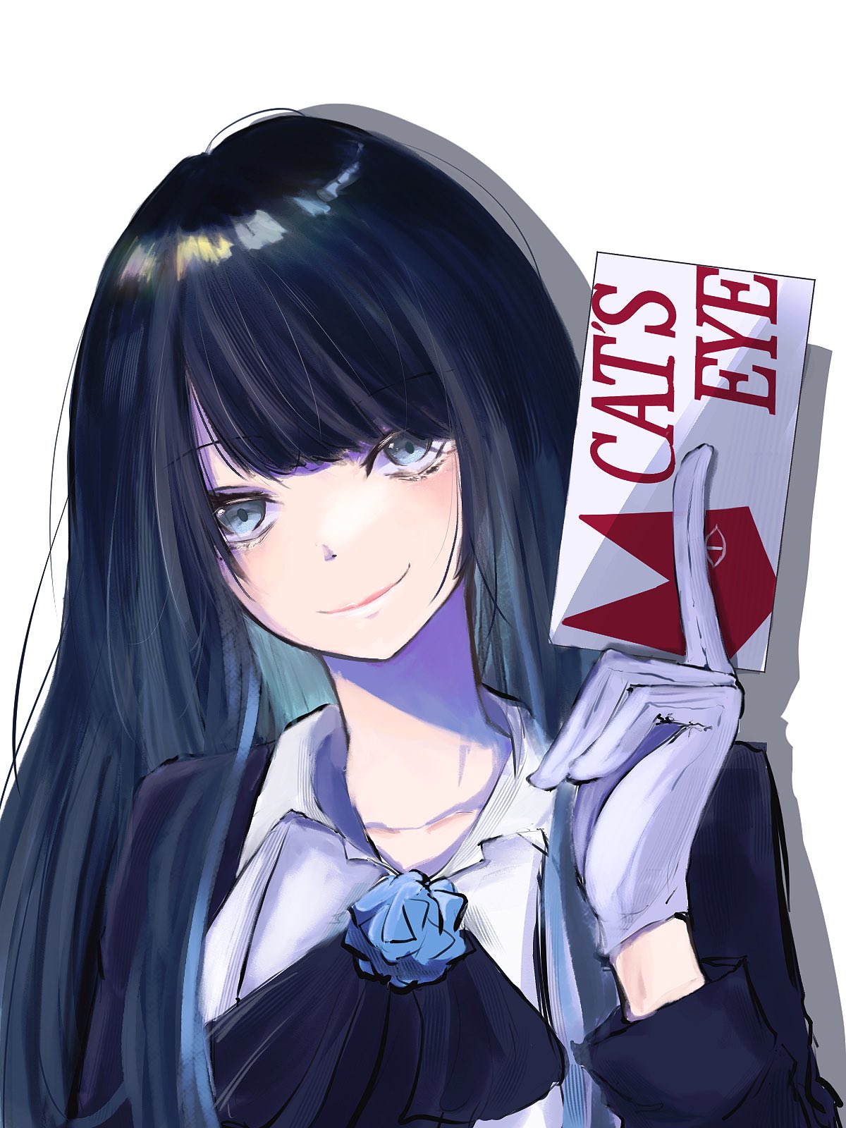 1girl, ado_(utaite), black_hair, blue_eyes, blue_flower, blue_hair, blue_rose, cat's_eye