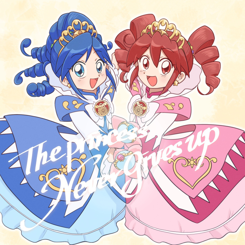 2girls, :d, arm_up, blue_dress, blue_eyes, blue_hair, blush, bow