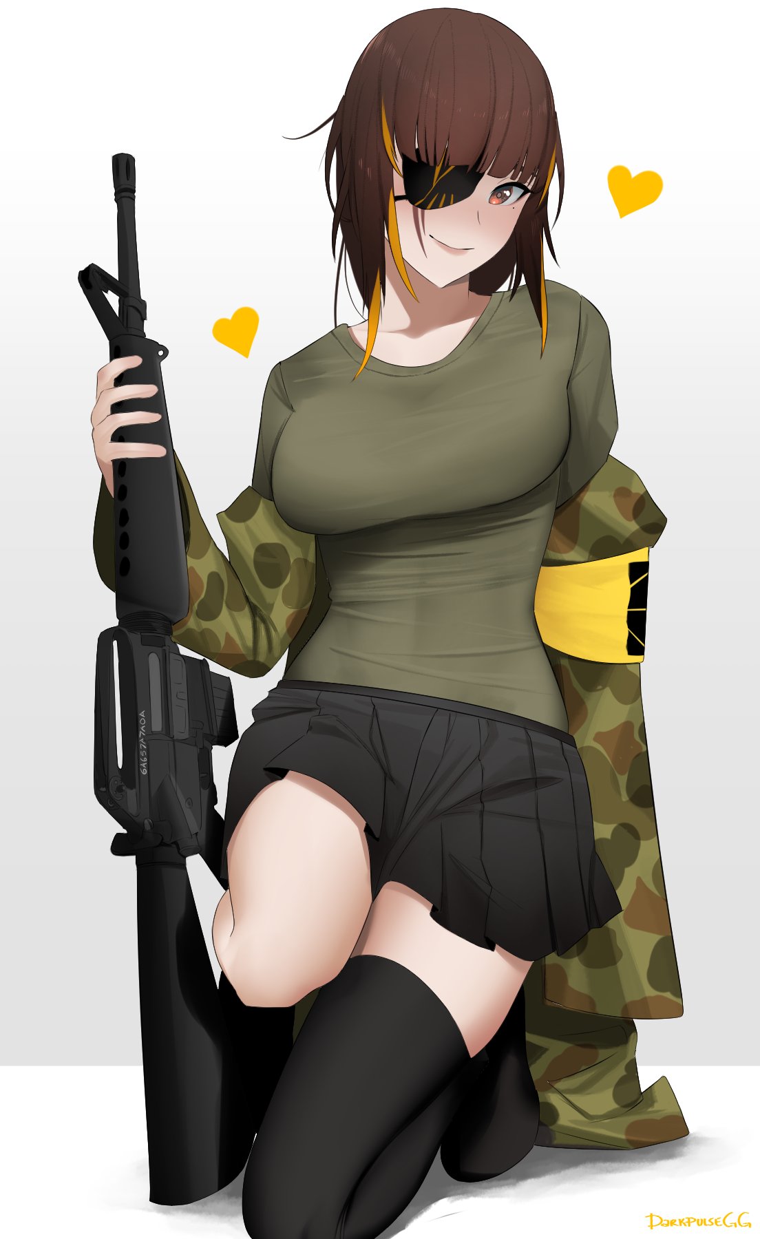1girl, armband, assault_rifle, black_skirt, black_thighhighs, blunt_bangs, braid, breasts