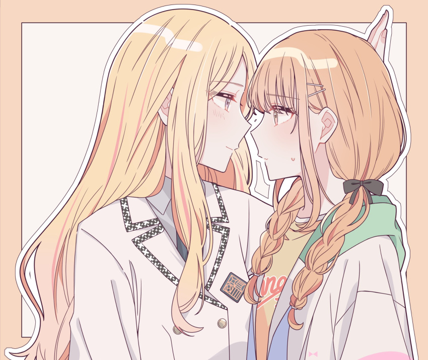 2girls, blazer, blonde_hair, blush, border, braid, eye_contact, fujita_kotone