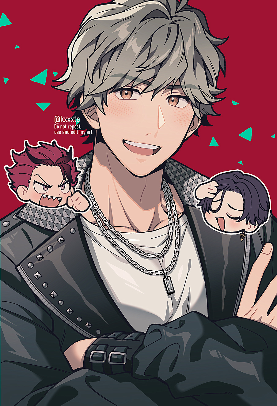3boys, adam's_apple, agata_matsunosuke, araki_kyosuke, black_jacket, blush, brown_eyes, collarbone, crossed_arms, fingernails, grey_hair, highres, jacket, jewelry, kamui_narushi, kiri_futoshi, leather, leather_jacket, long_sleeves, male_focus, multiple_boys, necklace, open_mouth, red_background, ride_kamens, sharp_teeth, shirt, short_hair, teeth, twitter_username, upper_body, upper_teeth_only, white_shirt