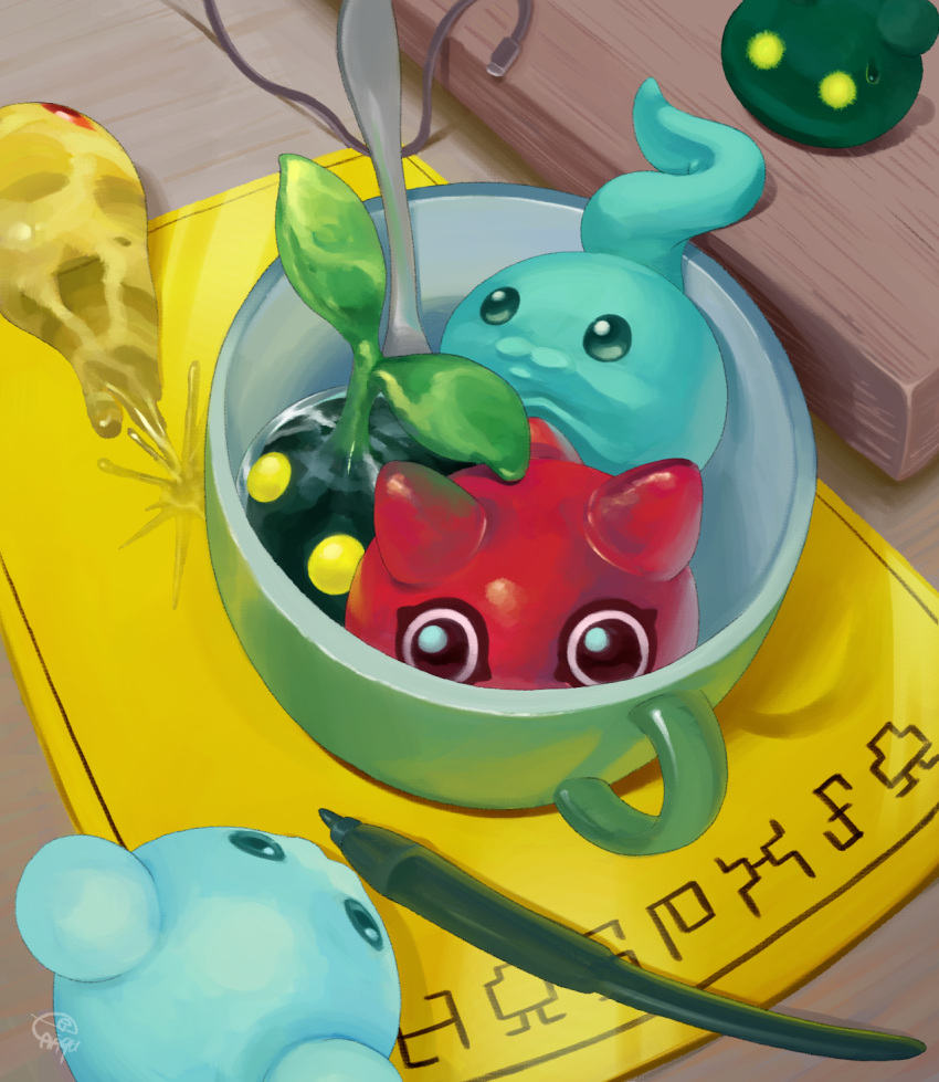 animal_focus, black_eyes, botamon, chicomon, cup, digimon, digimon_(creature), digimon_adventure, enrike_(enrique_mr_blue), fisheye, from_above, highres, in_container, in_cup, no_humans, nyokimon, paper, pen, punimon, signature, spoon, sprout, sweatdrop, yukimibotamon, zurumon