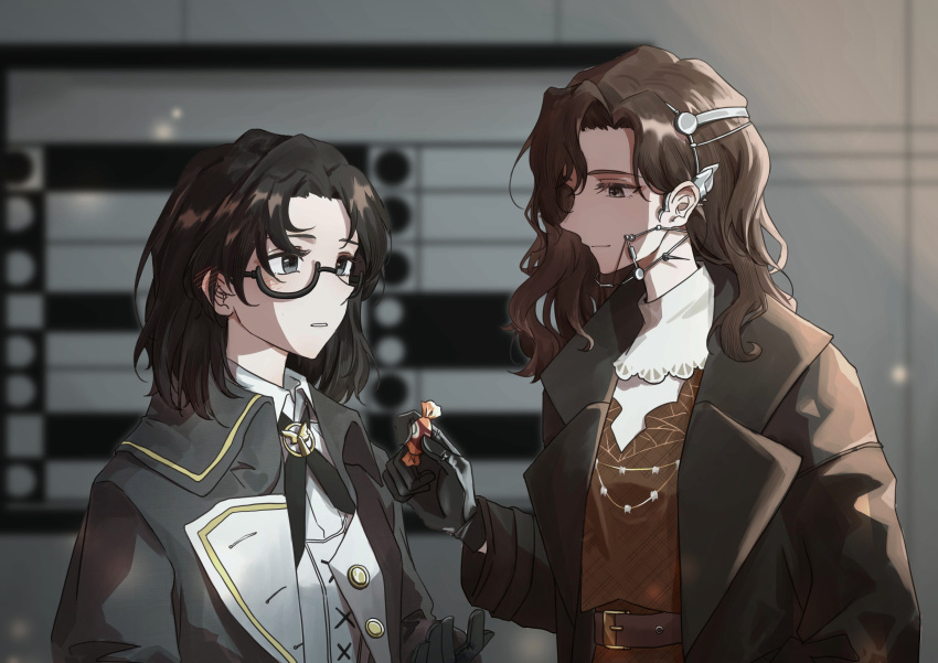 2girls, absurdres, black-framed_eyewear, black_eyes, black_gloves, black_hair, blurry, blurry_background, braces, brown_hair, bulletin_board, candy, closed_mouth, coat, cross_tie, dress, eye_contact, face-to-face, food, givemeyuri, giving_food, glasses, gloves, grey_coat, hand_up, highres, holding, holding_candy, holding_food, indoors, jewelry, long_hair, looking_at_another, medium_hair, multiple_girls, necklace, parted_lips, profile, red_dress, reverse:1999, semi-rimless_eyewear, shirt, smile, tooth_fairy_(reverse:1999), tooth_necklace, under-rim_eyewear, upper_body, white_dress, white_shirt, z_(reverse:1999)