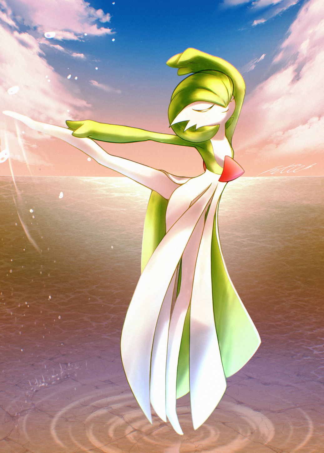 1girl, arms_up, blue_sky, bob_cut, chromatic_aberration, closed_eyes, closed_mouth, clouds, colored_skin, commentary_request, dancing, day, flat_chest, gardevoir, green_hair, green_skin, hair_over_one_eye, highres, leg_up, multicolored_skin, netiel, one_eye_covered, outdoors, outstretched_arm, partial_commentary, pokemon, pokemon_(creature), ripples, short_hair, sky, smile, solo, standing, standing_on_one_leg, sunset, two-tone_skin, u_u, water, white_skin
