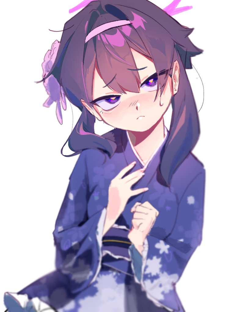 1girl, :<, blue_archive, blush, commentary_request, emoji_mojimoji, floral_print, floral_print_kimono, flower, frilled_kimono, frills, hair_flower, hair_ornament, halo, hand_on_own_chest, haruka_(blue_archive), haruka_(new_year)_(blue_archive), head_tilt, headband, japanese_clothes, kimono, korean_commentary, looking_at_viewer, loose_hair_strand, medium_hair, obi, purple_hair, purple_kimono, sash, solo, sweatdrop, violet_eyes, white_background