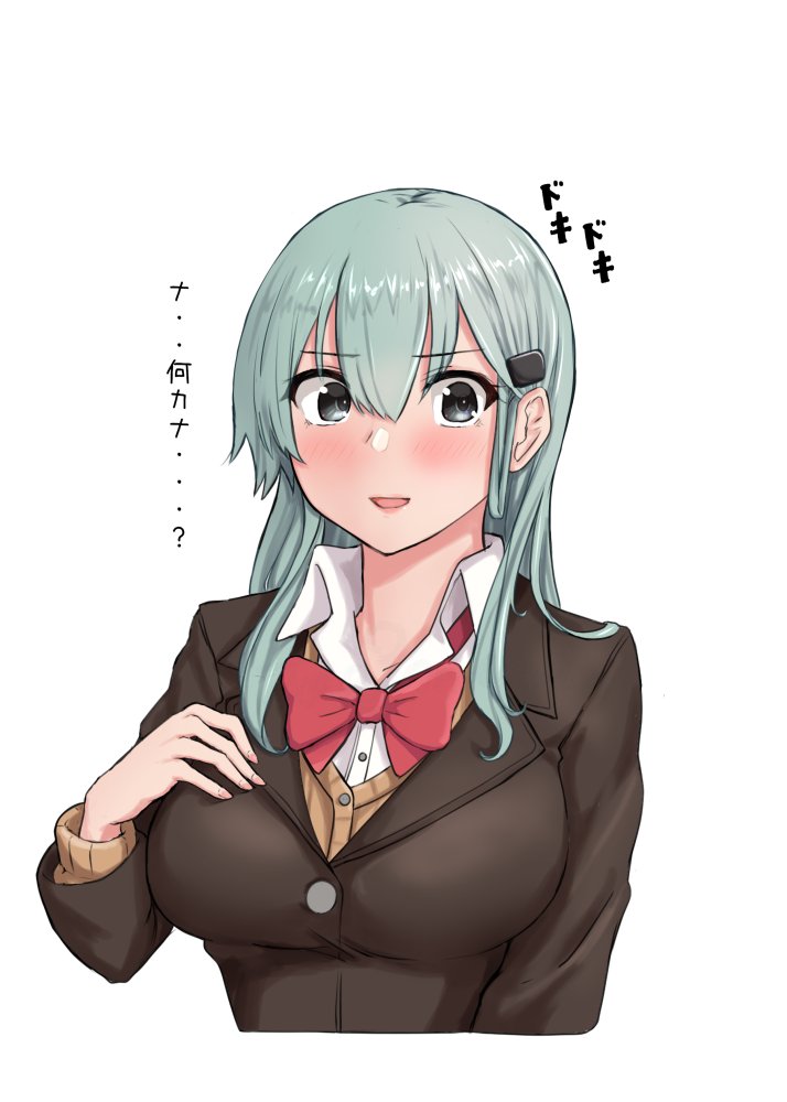 1girl, aqua_hair, blazer, bow, bowtie, brown_jacket, cardigan, collared_shirt