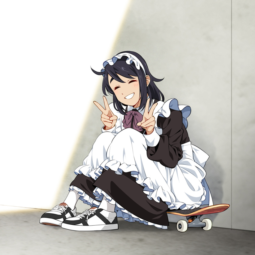 1girl, apron, benihana_(suzushiro333), black_hair, double_v, happy, highres, looking_at_viewer, maid, maid_apron, maid_headdress, maid_skater, shoes, sitting, skateboard, sneakers, solo, suzushiro_(suzushiro333), v, victorian_maid