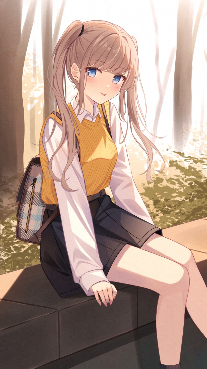 1girl, :q, bag, black_skirt, black_socks, blue_eyes, blush, brown_hair