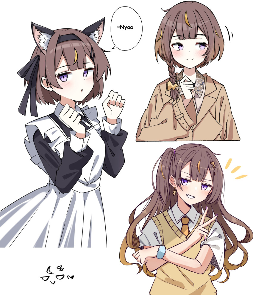 1girl, alternate_costume, animal_ears, anya_melfissa, anya_melfissa_(casual), apron, artkimori, black_dress, blonde_hair, blush, brown_hair, brown_jacket, brown_vest, cat_ears, collared_shirt, dress, fake_animal_ears, gradient_hair, hair_ornament, highres, hololive, hololive_indonesia, jacket, lightning_bolt_hair_ornament, lightning_bolt_symbol, looking_at_viewer, maid, maid_apron, multicolored_hair, neckerchief, official_alternate_costume, shirt, short_hair, smile, solo, streaked_hair, v, vest, violet_eyes, virtual_youtuber, white_apron, white_background, white_shirt, yellow_neckerchief