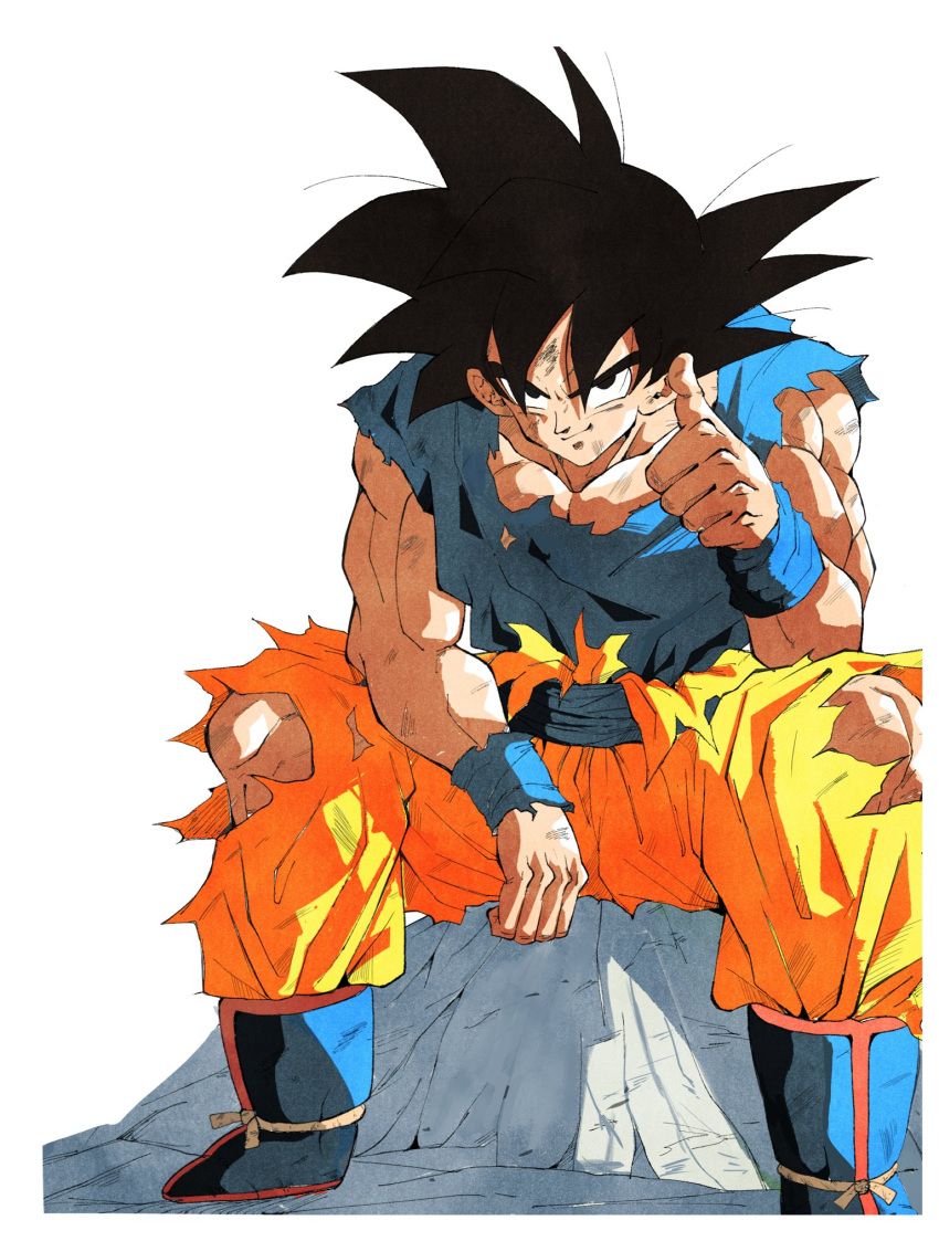 1boy, black_hair, blue_footwear, boots, dragon_ball, dragon_ball_z, full_body, highres, male_focus, medium_hair, muscular, muscular_male, orange_pants, pants, pato007711, shirt, simple_background, sitting, solo, son_goku, spiky_hair, thumbs_up, torn_clothes, torn_pants, torn_shirt, white_background