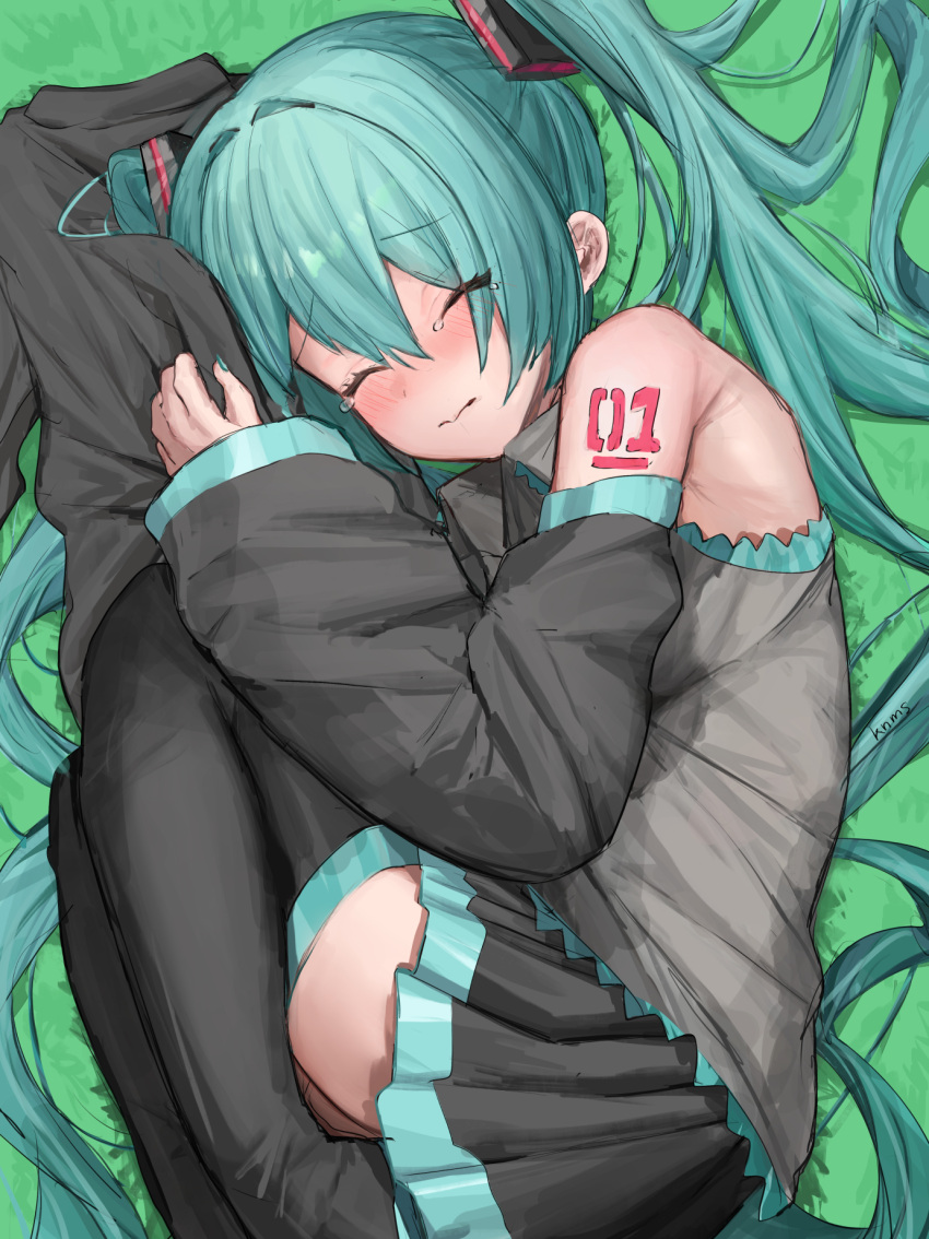 1girl, aqua_eyes, aqua_hair, bare_shoulders, black_skirt, black_sleeves, blush, commentary_request, detached_sleeves, fetal_position, foot_out_of_frame, grey_shirt, hair_between_eyes, hair_ornament, hatsune_miku, highres, kanimiso_uni, long_hair, lying, number_tattoo, on_side, pleated_skirt, shirt, skirt, solo, tattoo, tearing_up, tears, thigh-highs, twintails, very_long_hair, vocaloid, wide_sleeves