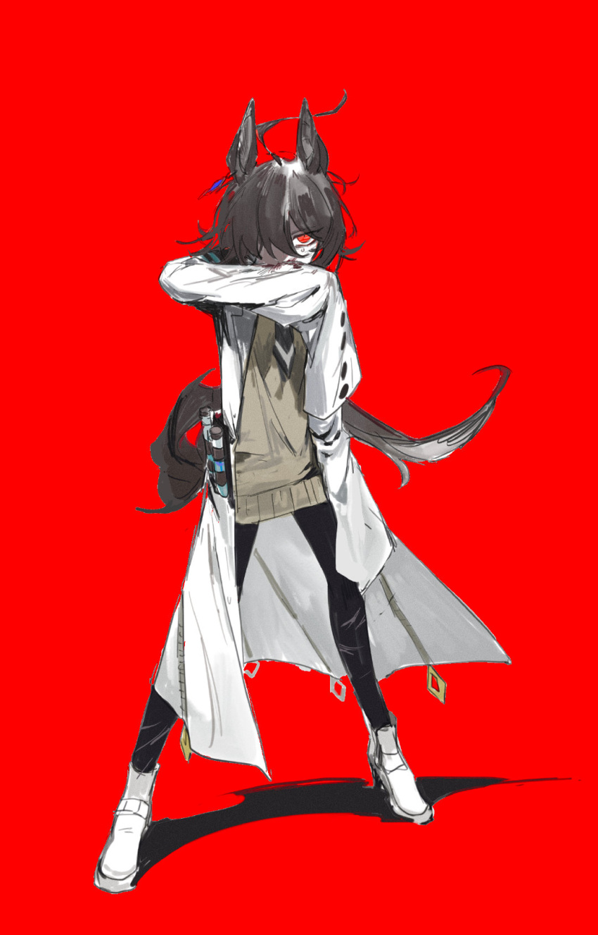 animal_ears, black_pants, brown_hair, brown_necktie, brown_tail, coat, full_body, highres, kamikiririp, necktie, original, pants, red_background, red_eyes, shirt, simple_background, solo, standing, tail, white_coat, white_footwear