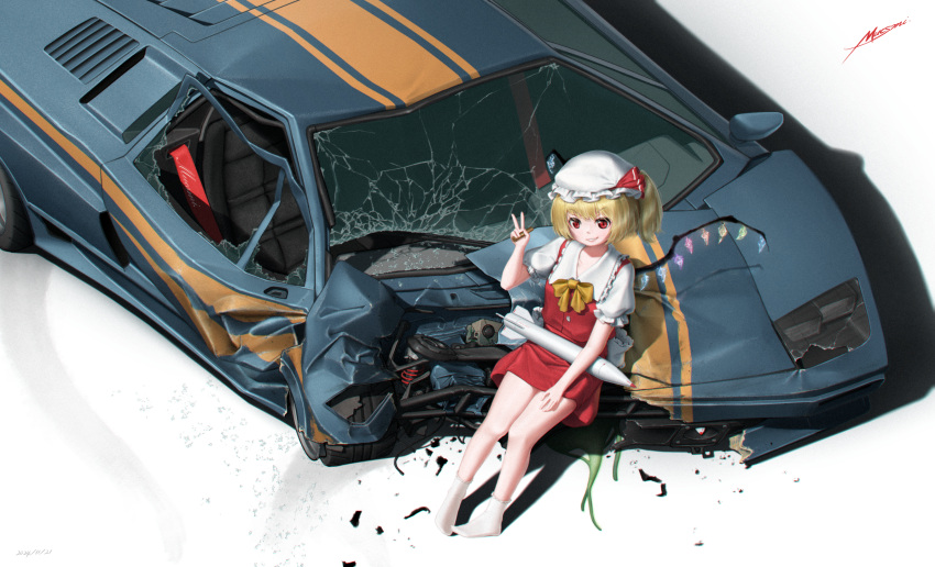 1girl, absurdres, ascot, blonde_hair, car, car_crash, crystal, crystal_wings, flandre_scarlet, full_body, hat, hat_ribbon, highres, looking_at_viewer, missile, mob_cap, motor_vehicle, mucsmi, open_mouth, puffy_short_sleeves, puffy_sleeves, red_eyes, red_skirt, red_vest, ribbon, shirt, short_hair, short_sleeves, side_ponytail, simple_background, sitting, skirt, smile, solo, touhou, v, vampire, vest, white_background, white_shirt, wings