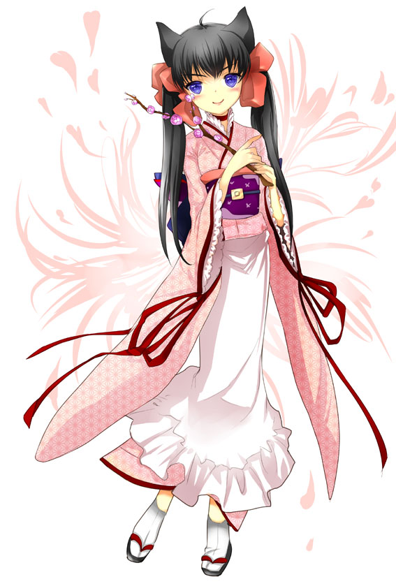 animal_ears, asa_no_ha_(pattern), bow, branch, hair_bow, japanese_clothes, kan_satomi, kimono
