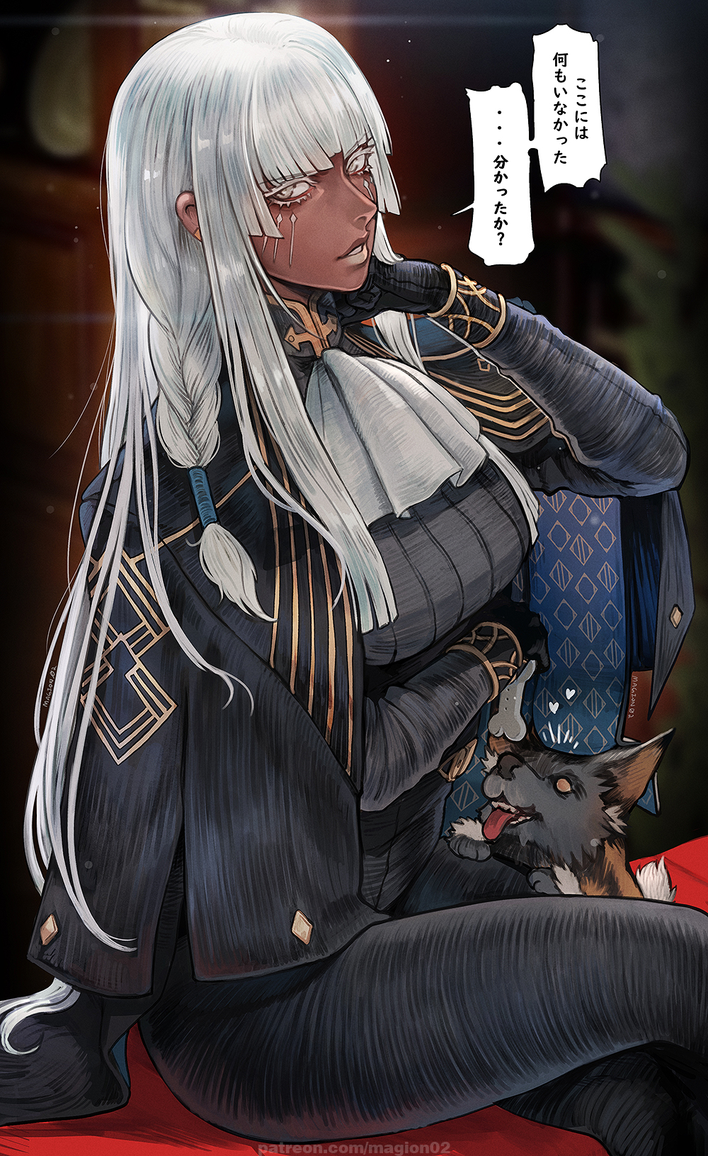 1girl, ascot, brigitta_(metaphor:_refantazio), coat, coat_on_shoulders, colored_eyelashes, dark-skinned_female, dark_skin, dog, facial_mark, gloves, grey_eyes, high-waist_pants, highres, long_hair, looking_at_viewer, magion02, metaphor:_refantazio, pants, patterned_clothing, sidelocks, solo, white_ascot, white_eyelashes, white_hair