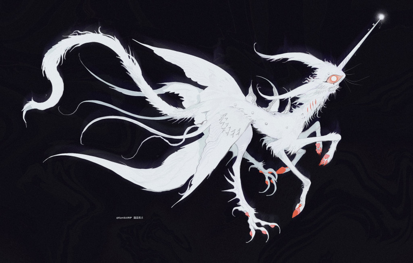 animal_focus, antennae, artist_name, black_background, body_fur, chimera, claws, colored_sclera, from_side, full_body, highres, hooves, horns, insect_wings, kamikiririp, limited_palette, looking_at_viewer, mixed_limbs, monster, moth_wings, multiple_legs, no_humans, orange_sclera, original, pawpads, simple_background, single_horn, solo, spikes, tail, unicorn_horn, whiskers, white_eyes, white_fur, wings