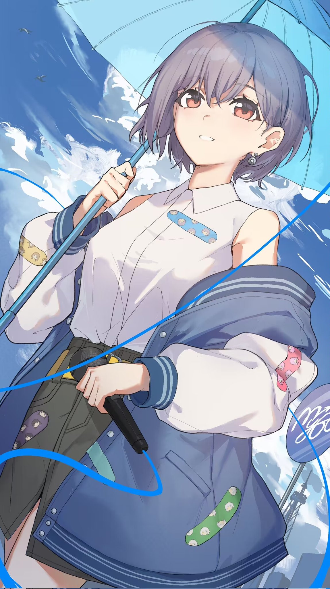 1girl, bandaid, bandaid_on_clothes, bang_dream!, bang_dream!_it's_mygo!!!!!, bird, blue_jacket, blue_umbrella, breasts, brown_eyes, cathore_(ningkaize), chihaya_anon, clouds, collared_shirt, commentary, corrupted_twitter_file, dress_shirt, earrings, grey_hair, group_name, hair_between_eyes, highres, holding, holding_microphone, holding_umbrella, jacket, jewelry, kaname_raana, long_sleeves, medium_breasts, microphone, mygo!!!!!_(bang_dream!), nagasaki_soyo, off_shoulder, open_clothes, open_jacket, open_mouth, shiina_taki, shirt, shirt_tucked_in, short_hair, sky, sleeveless, sleeveless_shirt, solo, takamatsu_tomori, umbrella, white_shirt