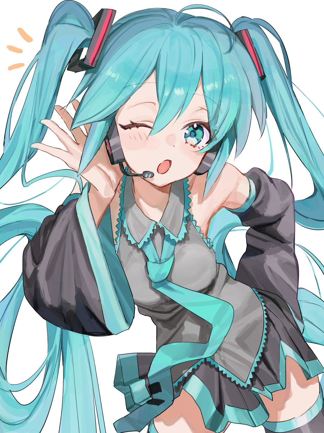 1girl, ;o, aqua_eyes, aqua_necktie, bare_shoulders, black_skirt, black_sleeves, black_thighhighs
