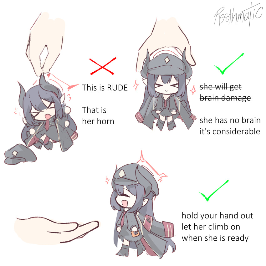 >_<, 1girl, absurdres, black_coat, black_footwear, black_hair, black_hat, black_horns