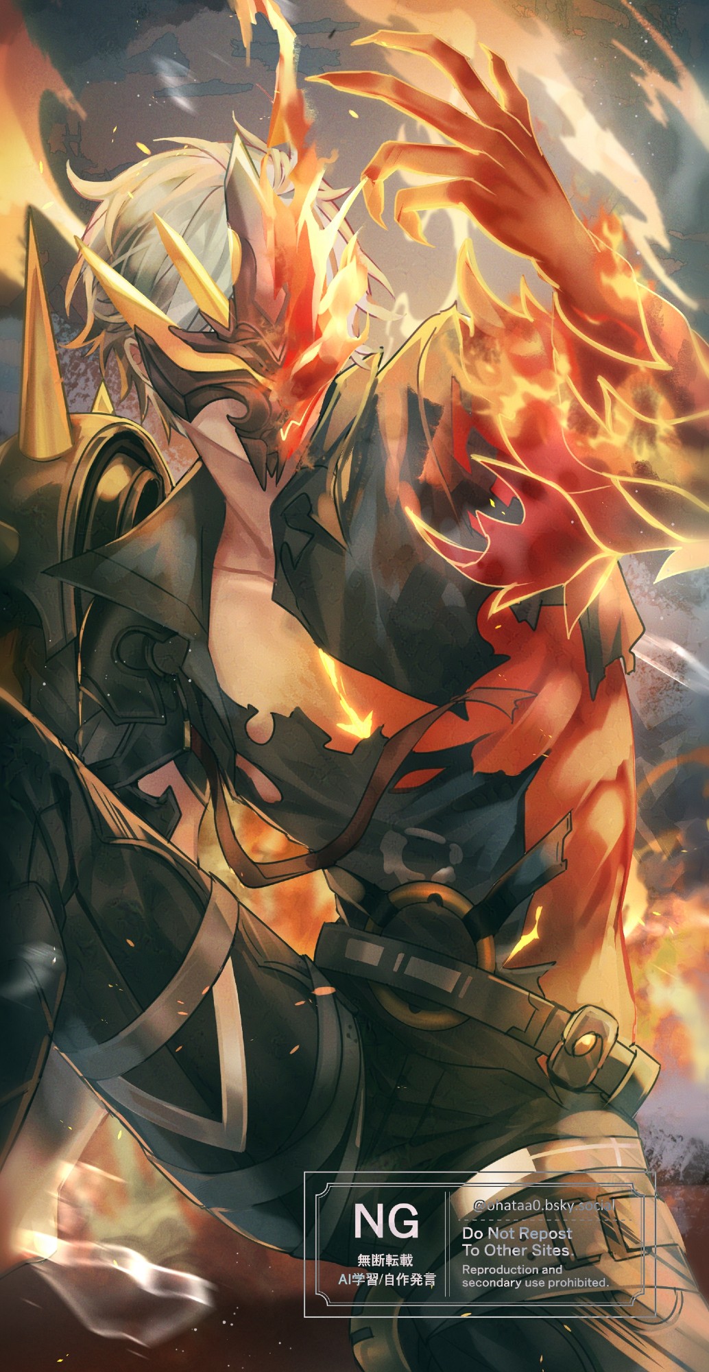 1boy, black_jacket, black_pants, colored_extremities, english_commentary, fire, hata_(ohataa0), highres
