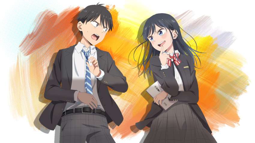 1boy, 1girl, belt, black_belt, black_eyes, black_hair, black_jacket, blazer