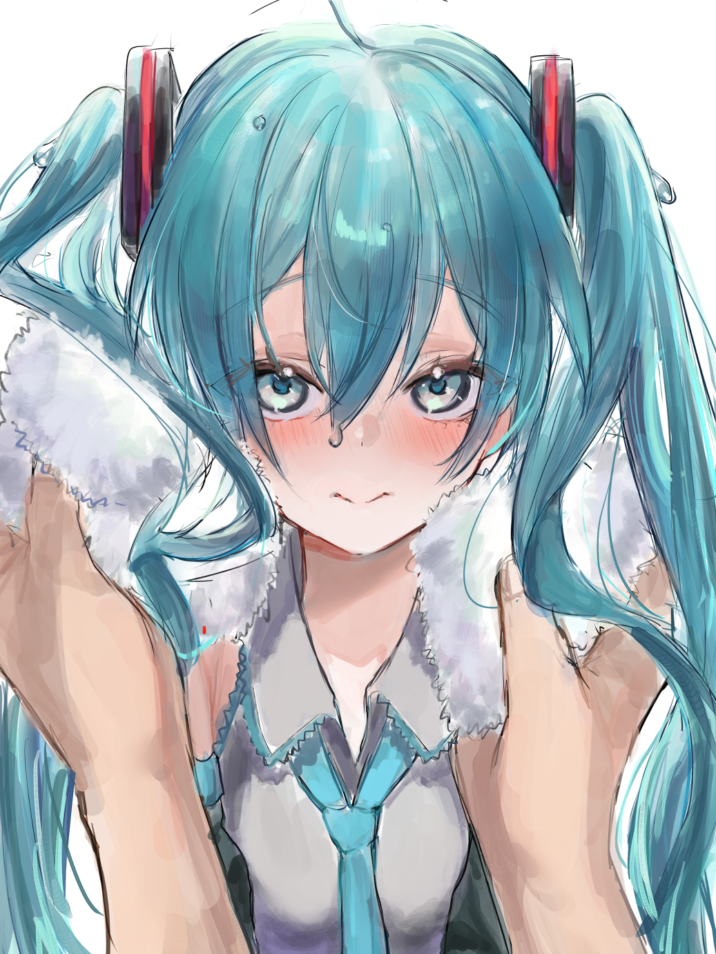 1girl, aqua_hair, aqua_necktie, black_sleeves, blush, breasts, closed_mouth, commentary