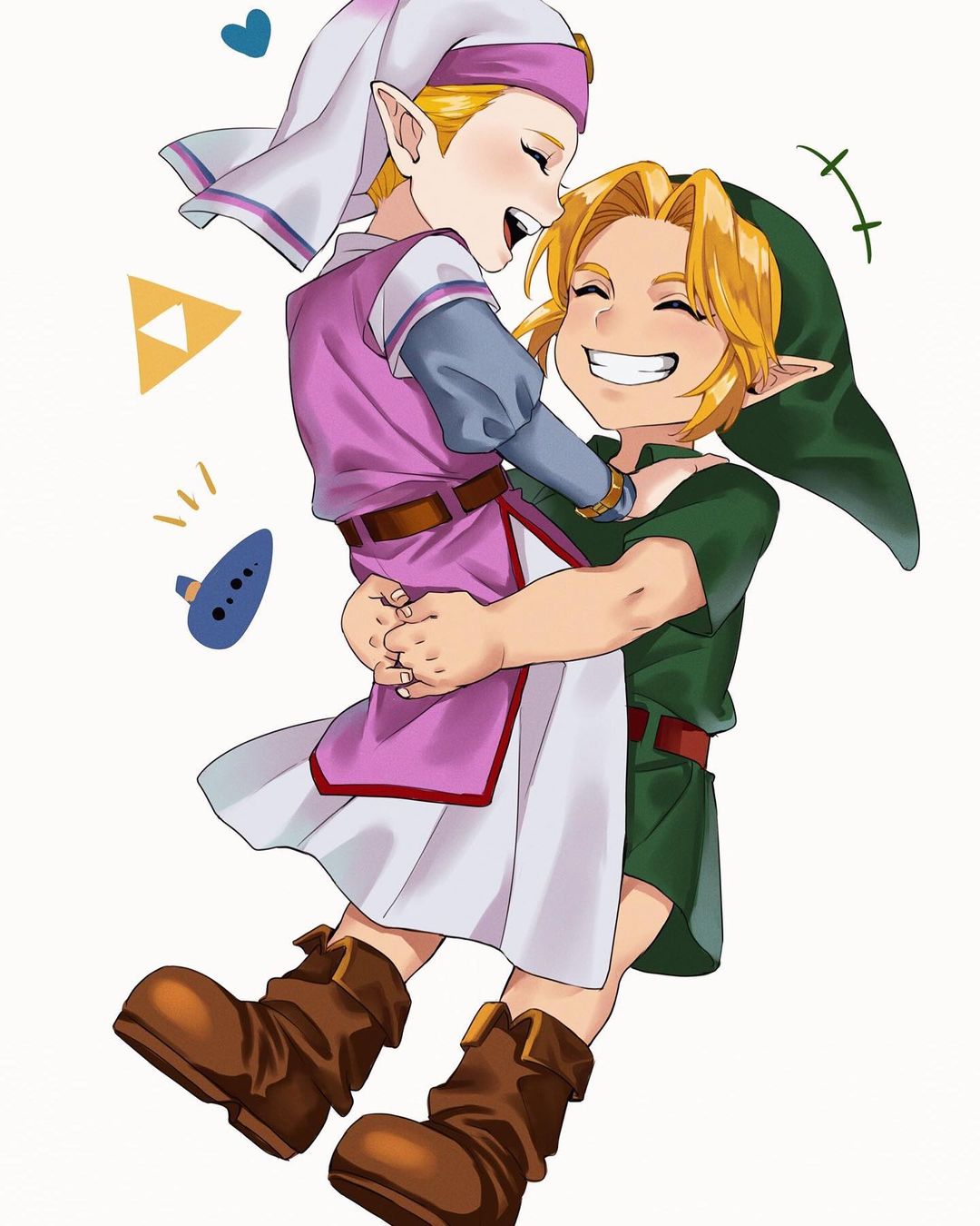 +++, 1boy, 1girl, belt, blonde_hair, blue_sleeves, boots, brown_belt, brown_footwear, carrying, carrying_person, child, closed_eyes, dress, facing_another, full_body, green_hat, green_tunic, grin, hand_on_another's_shoulder, happy, hat, heart, highres, instrument, juliet_sleeves, link, long_dress, long_sleeves, ocarina, open_mouth, pink_dress, pink_hat, pointy_ears, princess_zelda, puffy_sleeves, short_sleeves, simple_background, smile, sushisalmon95, teeth, the_legend_of_zelda, the_legend_of_zelda:_ocarina_of_time, triforce, tunic, two-tone_dress, two-tone_hat, upper_teeth_only, white_background, white_dress, white_hat, young_link, young_zelda