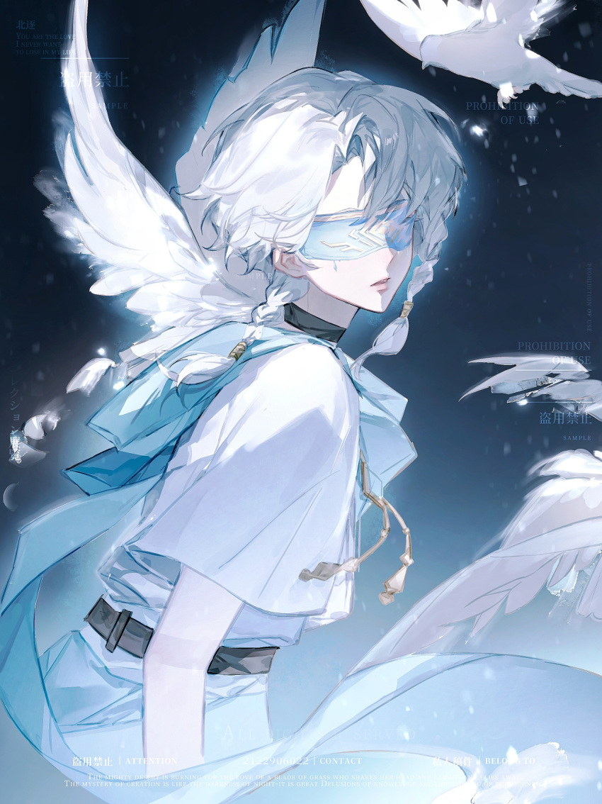 1girl, beizhu, belt, bird, bird_wings, black_background, black_belt, black_choker, blindfold, blue_background, blue_blindfold, blue_cape, blue_pants, braid, cape, chinese_commentary, choker, commentary_request, cowboy_shot, denim, dove, expressionless, feathered_wings, floating_cape, gradient_background, highres, jeans, light_particles, lips, marking_on_cheek, original, pants, parted_lips, pink_lips, pocket, procreate_(medium), shirt, short_hair, short_sleeves, single_braid, solo, teardrop_facial_mark, teeth, watermark, white_hair, white_shirt, white_wings, wings