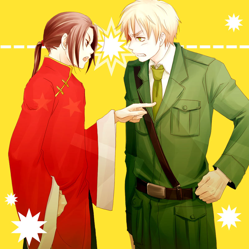 2boys, angry, axis_powers_hetalia, belt, black_belt, blonde_hair, brown_eyes, brown_hair