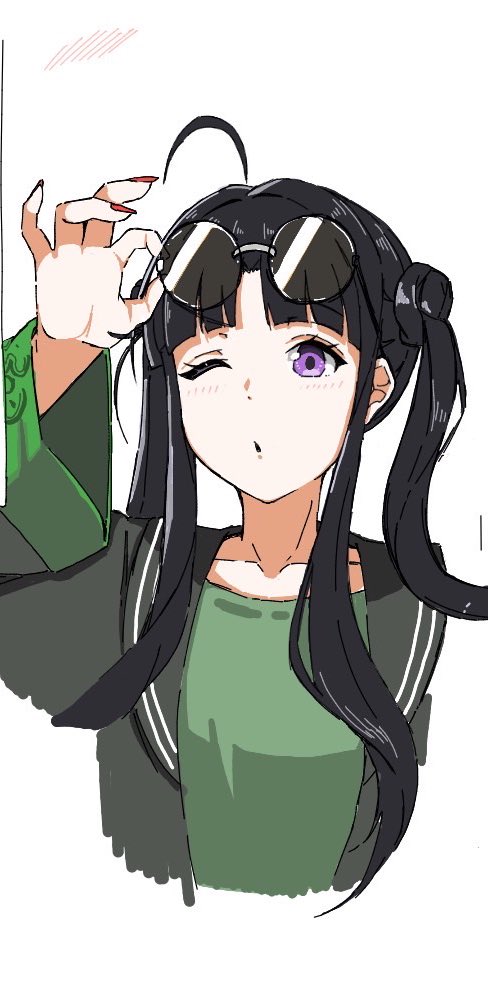 1girl, awa_subaru, black_hair, blush, collarbone, commentary_request, cropped_torso, double_bun