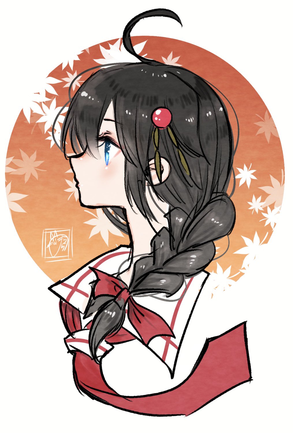 1girl, ahoge, autumn_leaves, black_hair, blue_eyes, braid, hair_flaps, hair_ornament