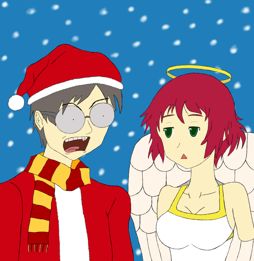 absurdres, amputee, angel_costume, christmas, coldacid, glasses, highres, katawa_shoujo, santa_costume, setou_kenji, tezuka_rin