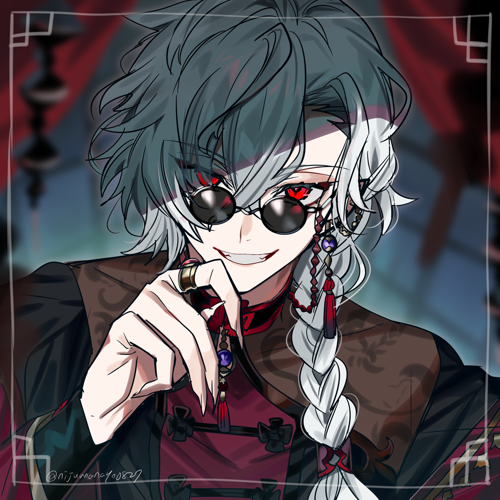 1boy, artist_name, black_shirt, blurry, blurry_background, braid, chinese_clothes, commentary_request