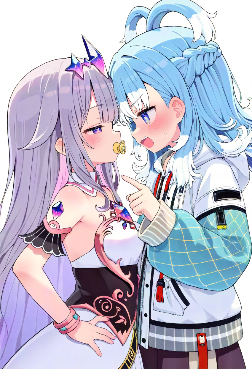 2girls, absurdres, andyleeyuan, blue_eyes, blue_hair, blush, colored_inner_hair, grey_hair, highres, hololive, hololive_english, hololive_indonesia, kobo_kanaeru, koseki_bijou, long_hair, multicolored_hair, multiple_girls, open_mouth, pacifier, pink_hair, smile, two-tone_hair, violet_eyes, virtual_youtuber, white_hair