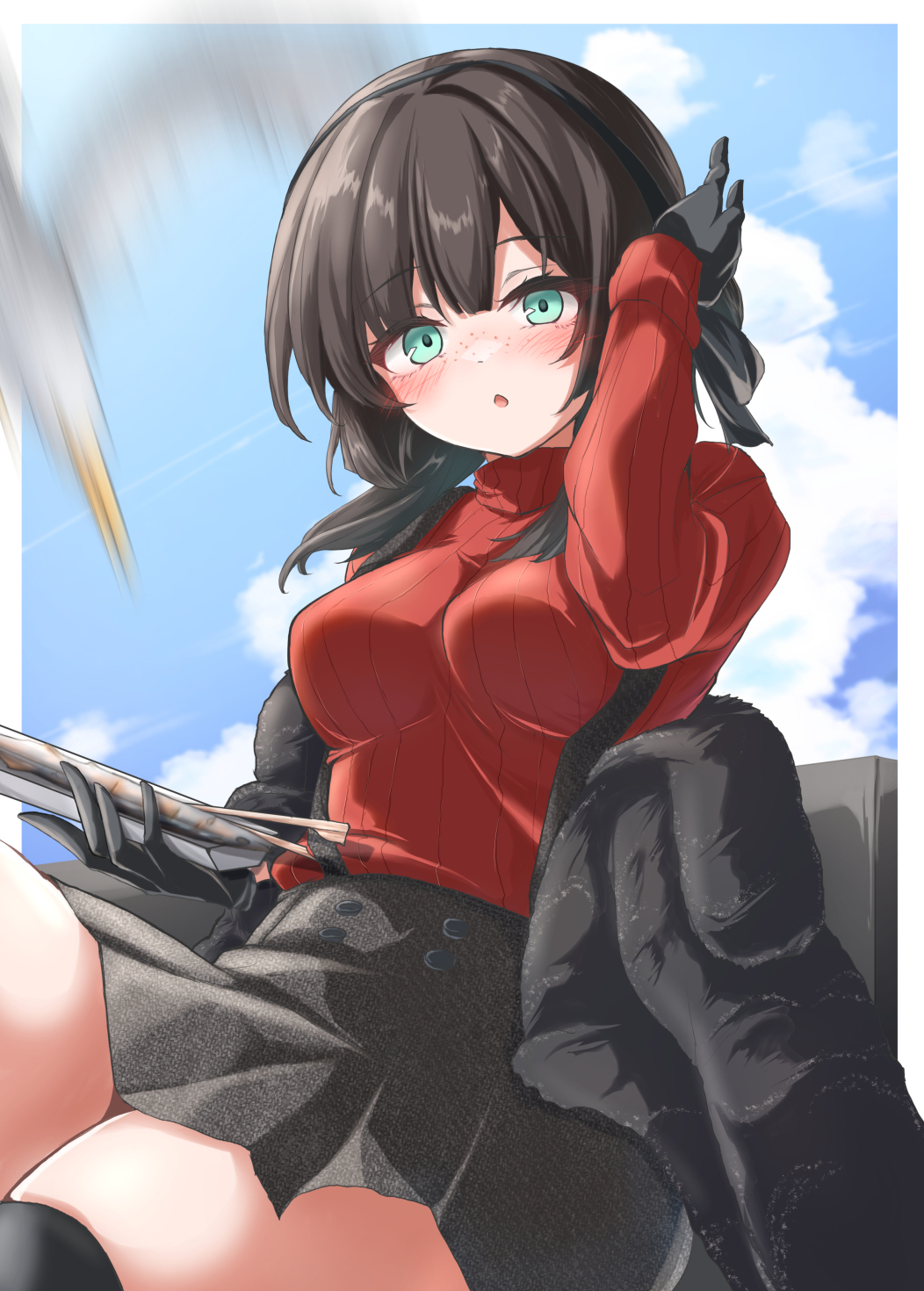 1girl, bird, black_hairband, black_skirt, blue_sky, boots, breasts, day