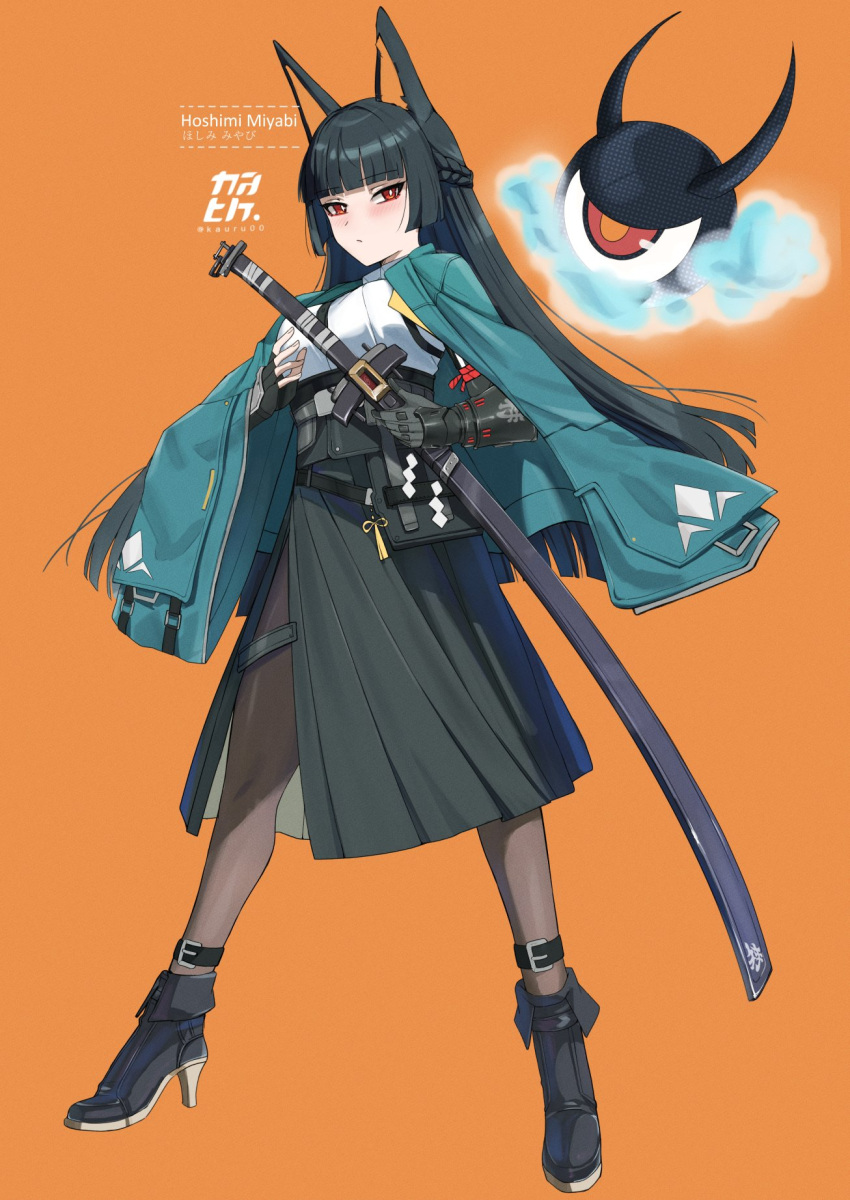 1girl, animal_ears, black_footwear, black_gloves, black_hair, black_necktie, black_pantyhose, blunt_bangs