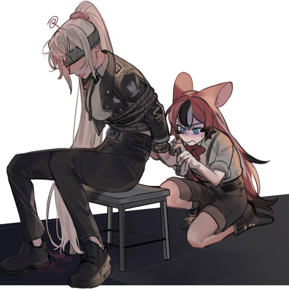 2girls, animal_ears, belt, black_hair, black_jacket, black_pants, blue_blindfold, bound