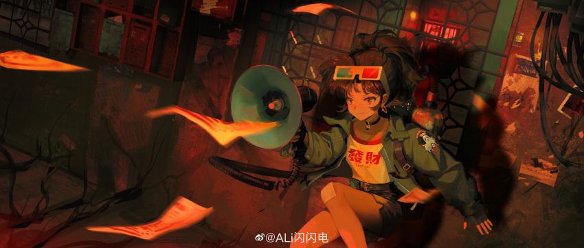 1girl, 3d_glasses, absurdres, against_wall, ali_shanshandian, an-an_lee, black_choker, black_gloves