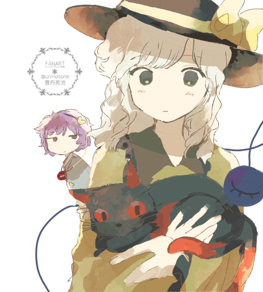 animal, cat, frilled_shirt_collar, frills, green_eyes, hat, highres, holding