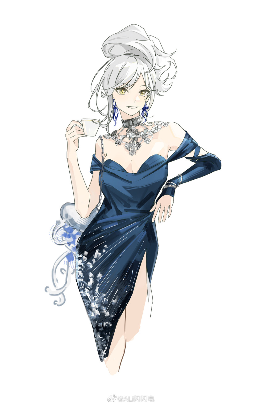 1girl, ali_shanshandian, bare_shoulders, blue_dress, cowboy_shot, cropped_legs, cup, dress