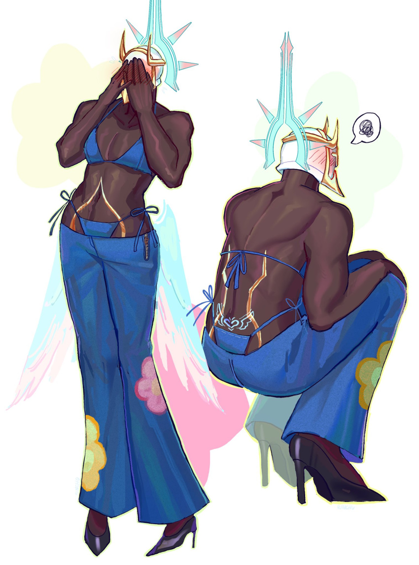 1boy, angel, angel_wings, armor, bikini, black_heels, blue_bikini, blue_jeans