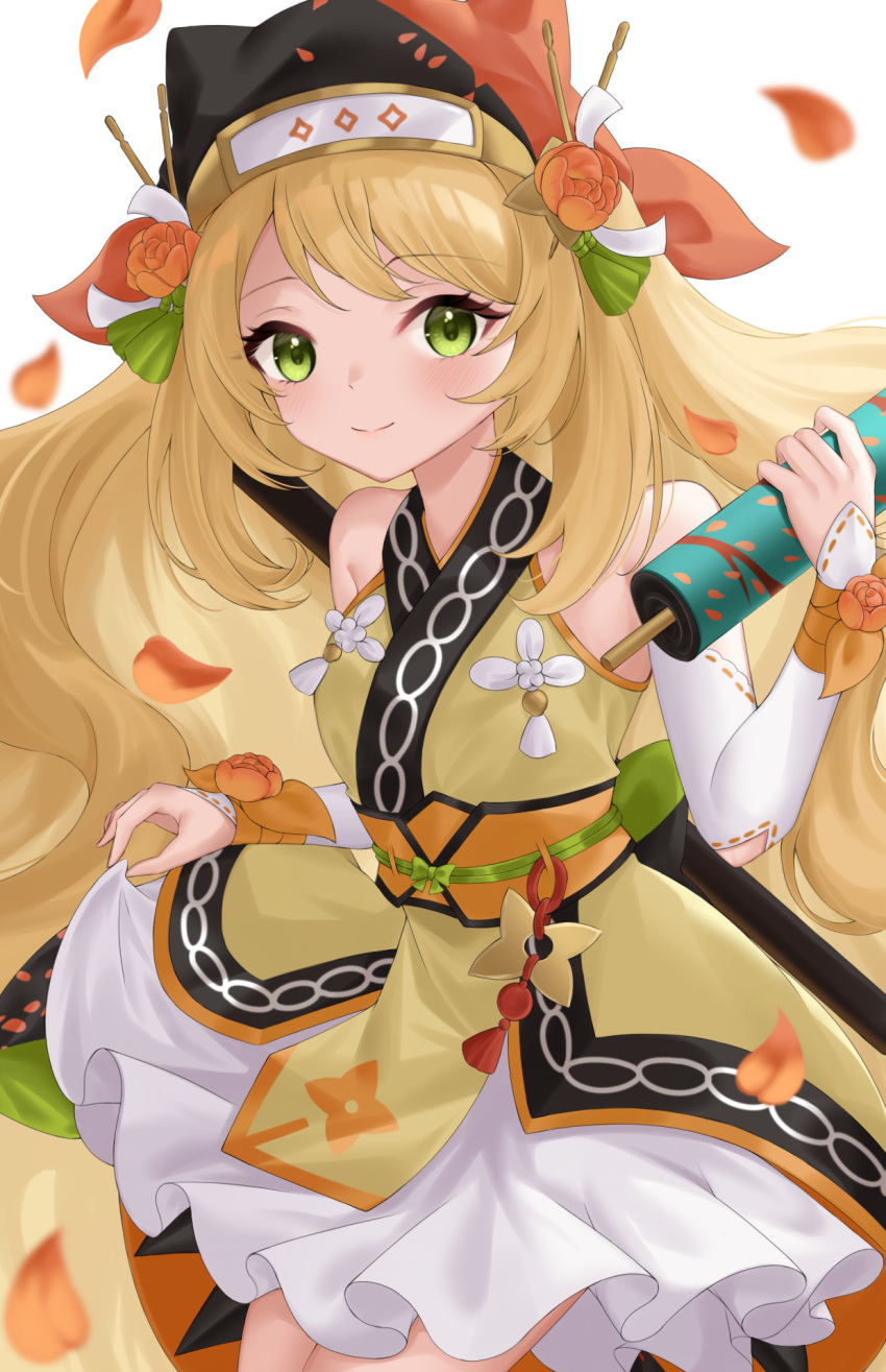 1girl, black_hat, blonde_hair, blush, celine_(fire_emblem), celine_(ninja)_(fire_emblem), closed_mouth, commentary_request, dress, ell_0314, fire_emblem, fire_emblem_engage, fire_emblem_heroes, forehead_protector, green_eyes, hat, highres, holding, holding_scroll, long_hair, looking_at_viewer, ninja, official_alternate_costume, petals, scroll, simple_background, smile, solo, very_long_hair, white_background, yellow_dress