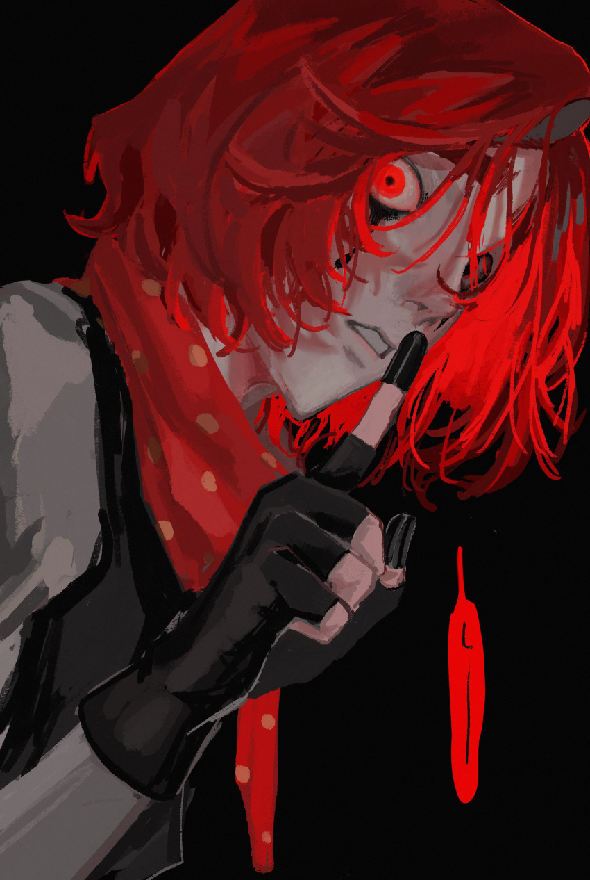 1boy, absurdres, black_background, black_gloves, black_vest, clenched_teeth, finger_to_mouth, gloves, grey_shirt, highres, ice0_eci, identity_v, looking_at_viewer, makeup, male_focus, partially_fingerless_gloves, polka_dot, polka_dot_scarf, red_eyes, red_scarf, redhead, scarf, shirt, short_hair, shushing, solo, speech_bubble, teeth, vest, weeping_clown_(identity_v), wide-eyed