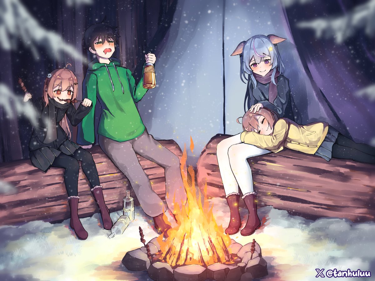 +_+, 1boy, 3girls, ahoge, animal_ears, ankle_boots, annytf, arm_at_side